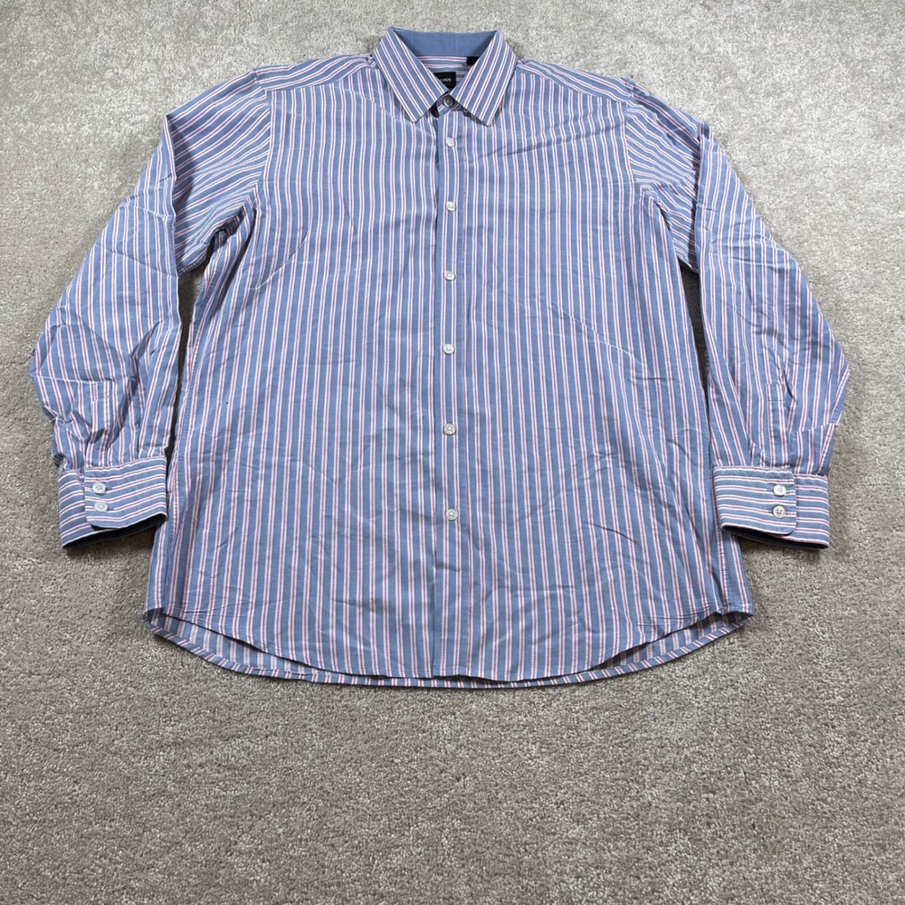Hugo Boss Button Up Shirt Mens Large Blue Striped Regular Fit Long Sleeve Cotton